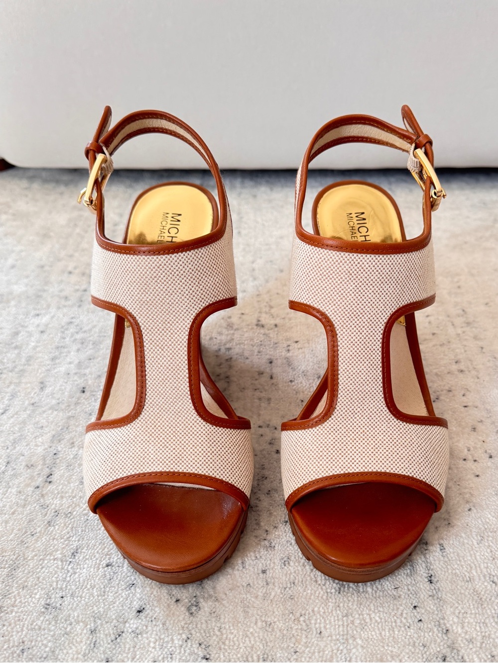 Michael Kors Cream Canvas and Tan Leather Platform Heels